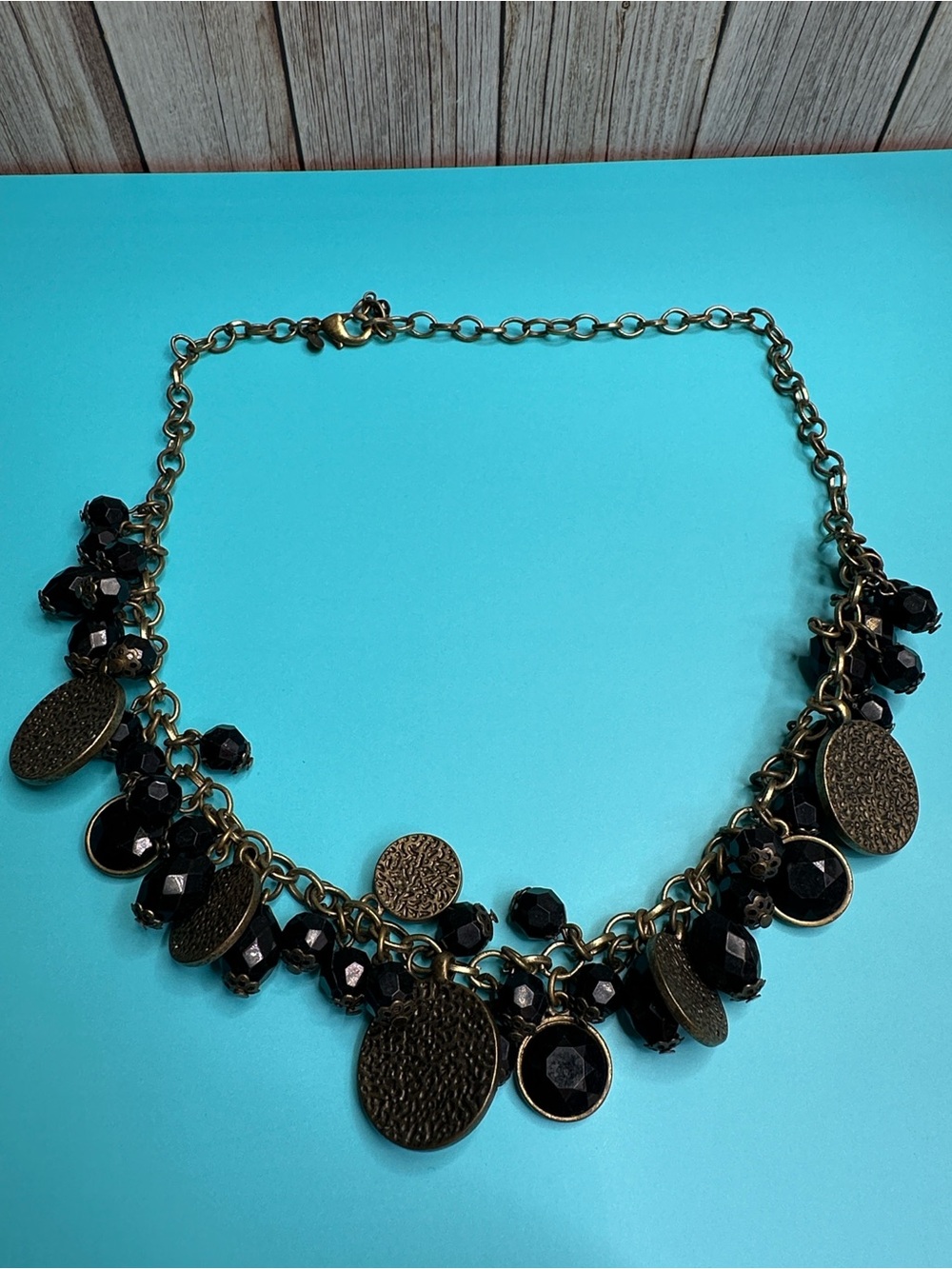 Black Bead and Antiqued Metal Disc Statement Necklace